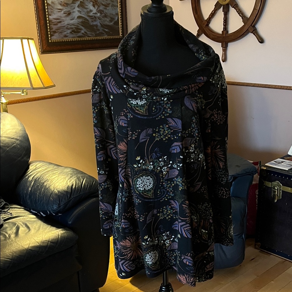 Floral Black Top with Cowl Neck